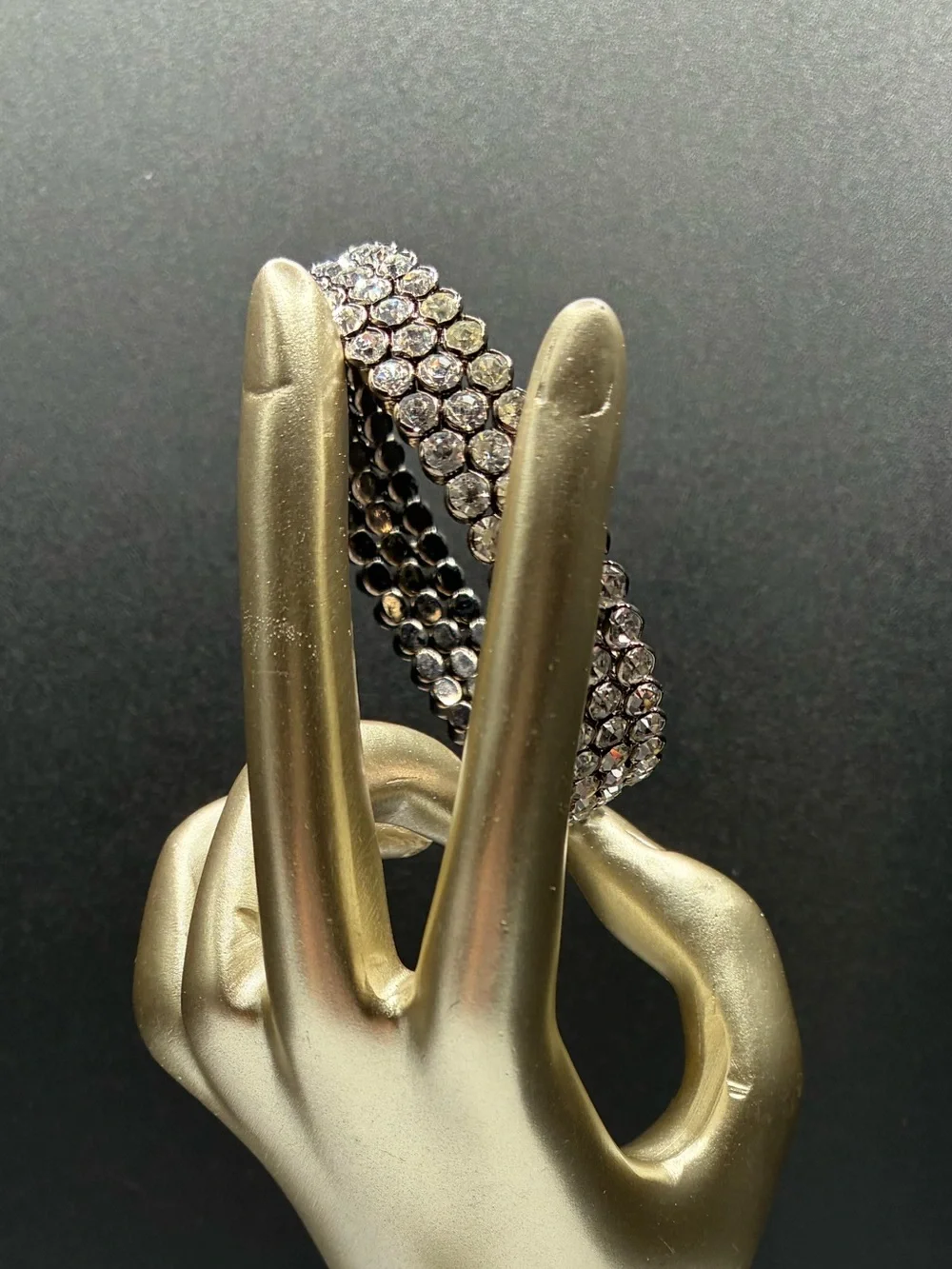 Vintage Gunmetal Crystal Flex-Cuff Bracelet W/Clear Rhinestone